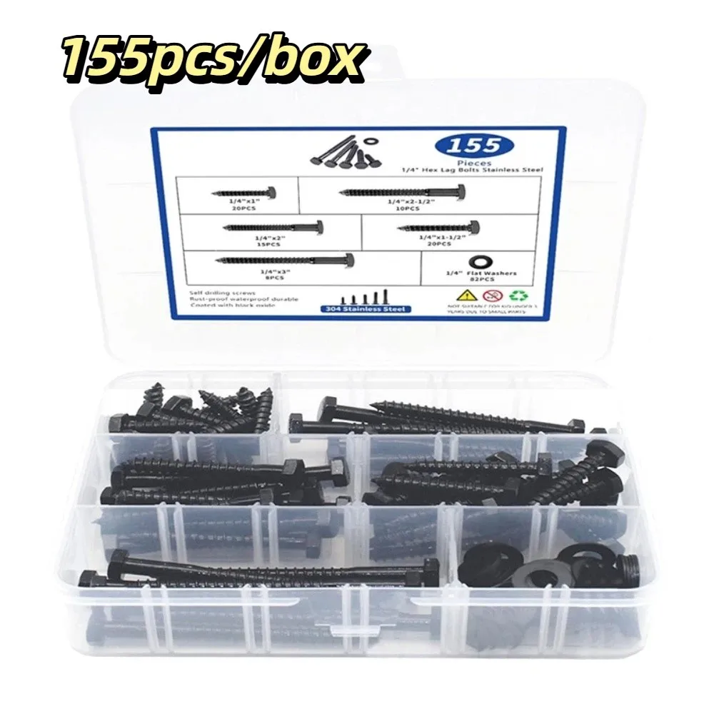 155pcs/box Black Finish 304 Stainless Steel Wood Screws High-Quality Material Flat Washers Hex Head Wood Screws 155 Pieces Set
155pcs/box Black Finish 304 Stainless Steel Wood Screws High-Quality Material Flat Washers Hex Head Wood Screws 155 Pieces Set