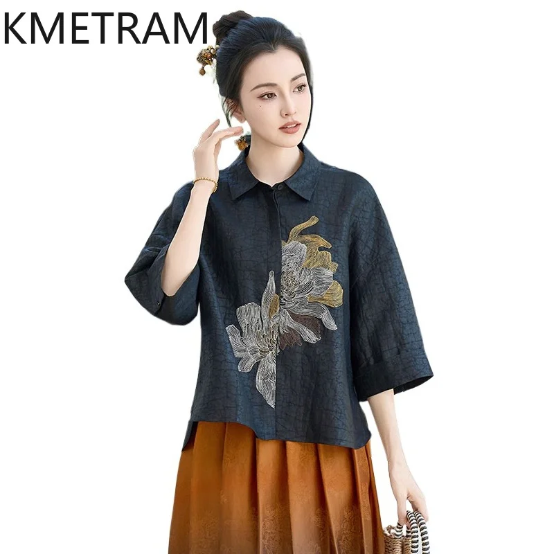 KMETRAM 100% Mulberry Silk Shirts for Women 2026 Summer Embroidered Crackle Texture Three Quarter Sleeve Shirts Roupas Femininas
KMETRAM 100% Mulberry Silk Shirts for Women 2026 Summer Embroidered Crackle Texture Three Quarter Sleeve Shirts Roupas Femininas