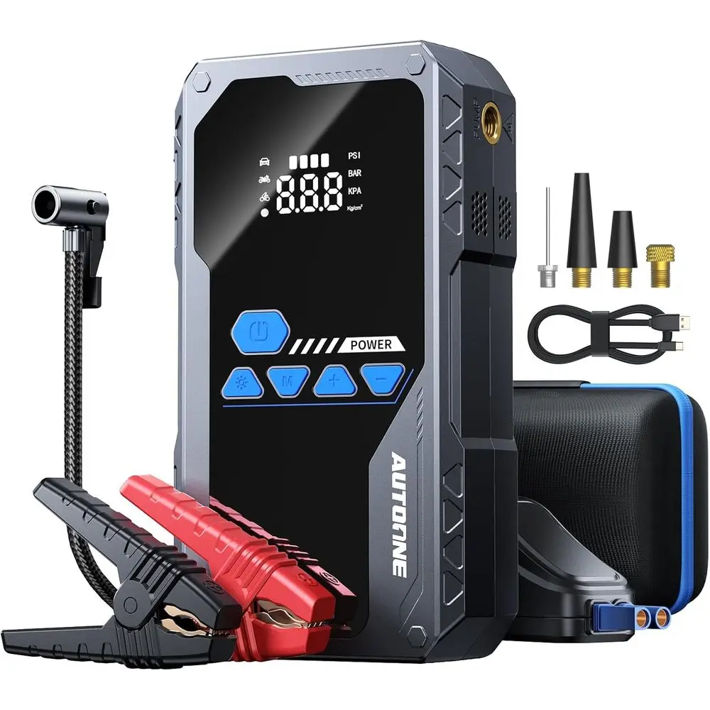 Portable 6000A Jump Starter with Air Compressor, 150PSI Car Jumper, Tire Inflator, LED Flashlight, LCD Display, Storage Case
Portable 6000A Jump Starter with Air Compressor, 150PSI Car Jumper, Tire Inflator, LED Flashlight, LCD Display, Storage Case