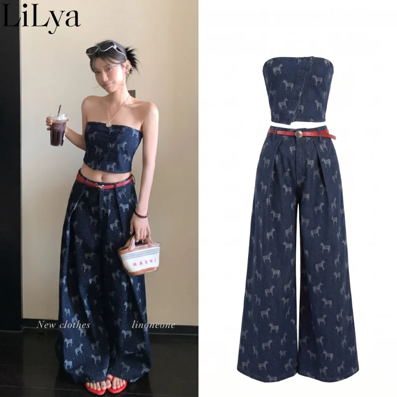 Summer Fashion Printed Pants Set Women Strapless Elastic Top Wide Leg Pants Woman Pants Set Daily Casual Streetwear with Belt
Summer Fashion Printed Pants Set Women Strapless Elastic Top Wide Leg Pants Woman Pants Set Daily Casual Streetwear with Belt