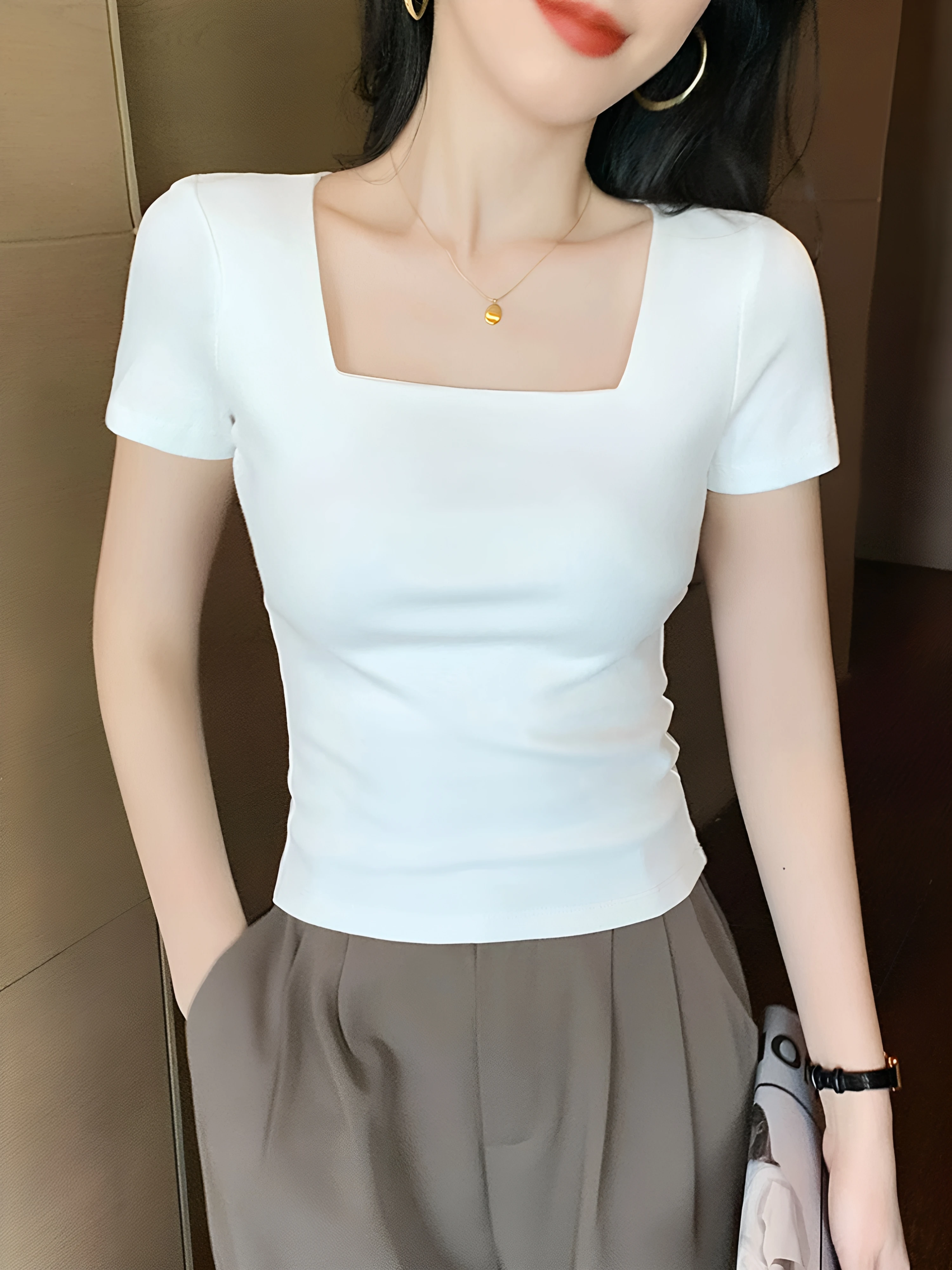 95 Cotton Square Collar mid Sleeve T Shirt Women Summer Slim Fit Half Sleeve Top Shoulder Width Design Casual Comfortable
95 Cotton Square Collar mid Sleeve T Shirt Women Summer Slim Fit Half Sleeve Top Shoulder Width Design Casual Comfortable