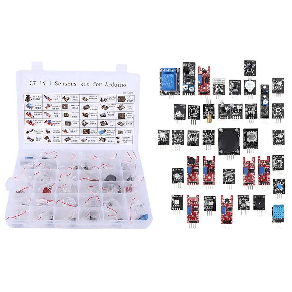 37 in 1 Starters Sensor Kit Contain RGB Joystick Photosensitive Sensor Module Kits Rotary Encoder for Arduino DIY Kit
37 in 1 Starters Sensor Kit Contain RGB Joystick Photosensitive Sensor Module Kits Rotary Encoder for Arduino DIY Kit
