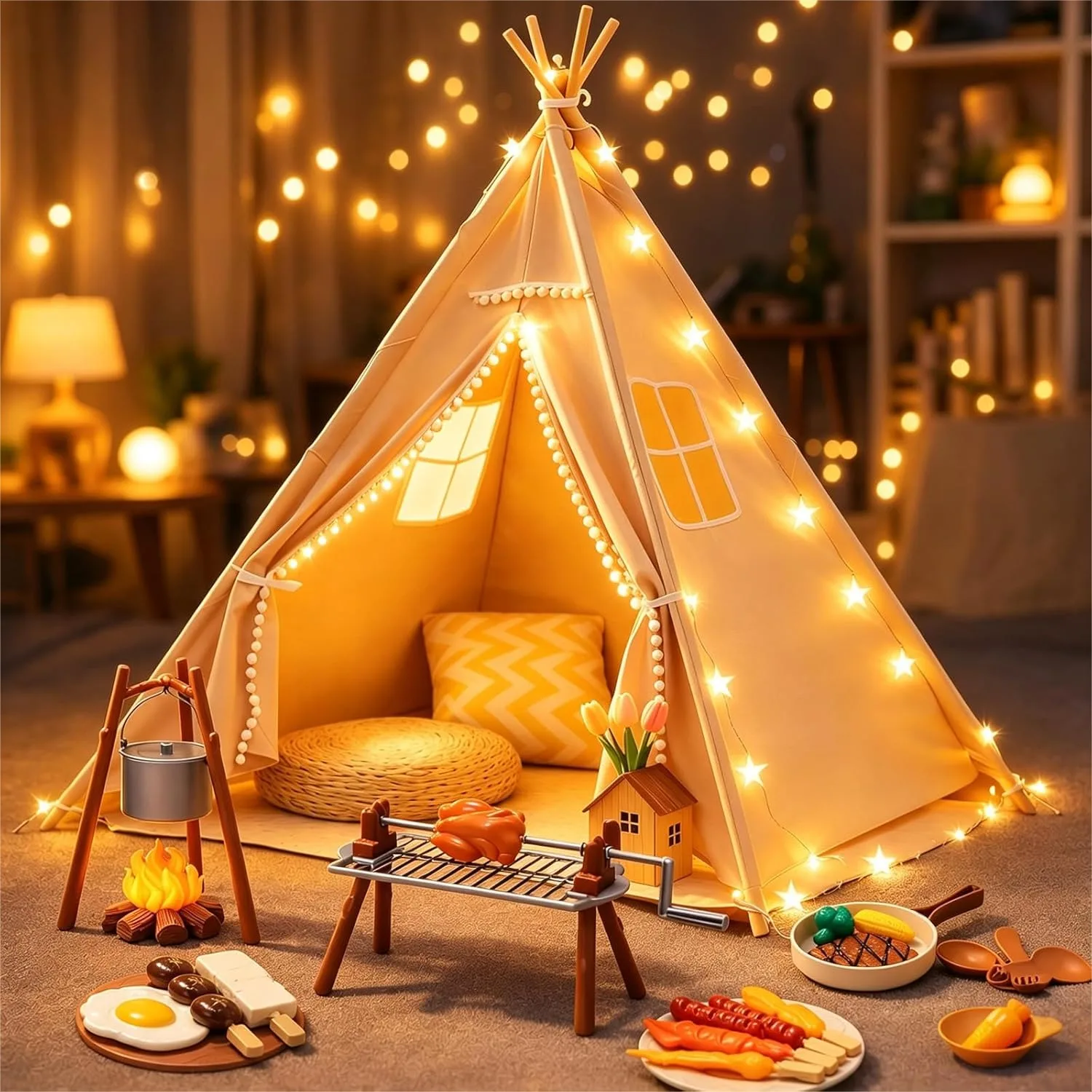Kids Teepee Tent with BBQ Pretend Play Toys, 60" Indoor Outdoor Playhouse with Mat & Star Lights, Foldable Camping Gift for Boys
Kids Teepee Tent with BBQ Pretend Play Toys, 60" Indoor Outdoor Playhouse with Mat & Star Lights, Foldable Camping Gift for Boys