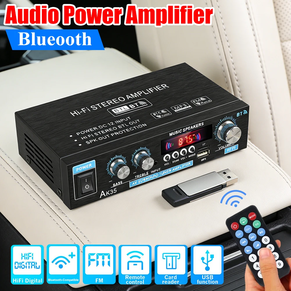 AK35 Bluetooth HiFi стереофонический аудиоусилитель с USB, TF, RCA, AUX + пульт дистанционного управления, двухканальный усилитель мощности звука
AK35 Bluetooth HiFi стереофонический аудиоусилитель с USB, TF, RCA, AUX + пульт дистанционного управления, двухканальный усилитель мощности звука