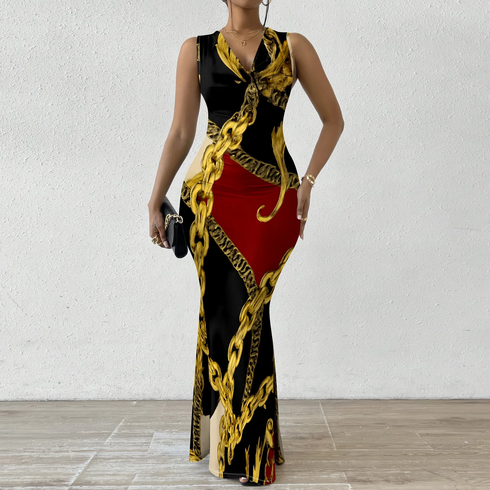 Luxury Gold Chain Print Bodycon Dress XS-2XL Sleeveless Maxi Style for Evening Party, Cocktail or Night Out Look
Luxury Gold Chain Print Bodycon Dress XS-2XL Sleeveless Maxi Style for Evening Party, Cocktail or Night Out Look
