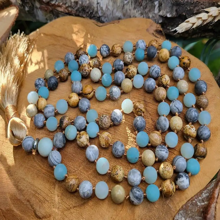 Natural Amazonite & Mixed Jasper 108 Beads Mala Necklace with Beige Tassel Healing Crystal Jewelry
Natural Amazonite & Mixed Jasper 108 Beads Mala Necklace with Beige Tassel Healing Crystal Jewelry