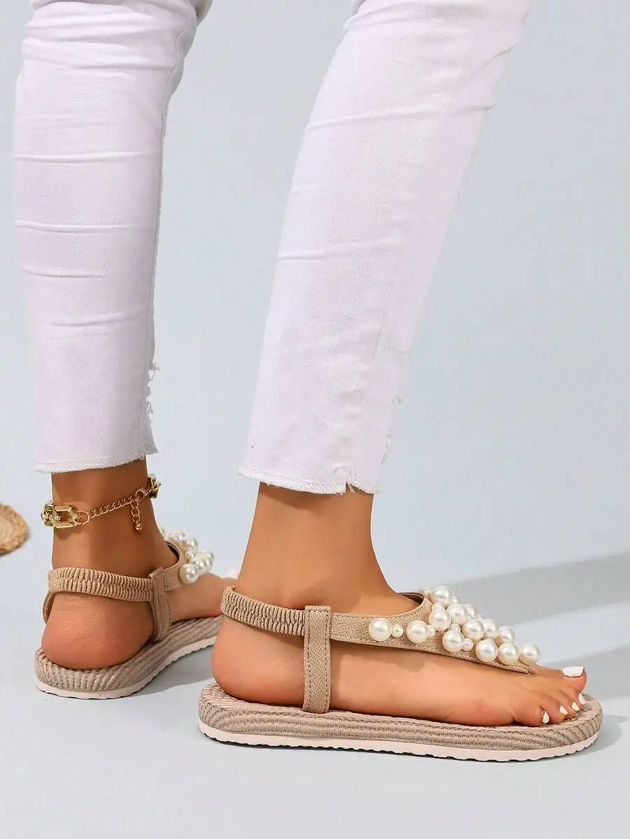 Comfortable Lightweight Women Elastic Band Thong Sandals With Pearl Decor Flat Casual Beach Slides
Comfortable Lightweight Women Elastic Band Thong Sandals With Pearl Decor Flat Casual Beach Slides