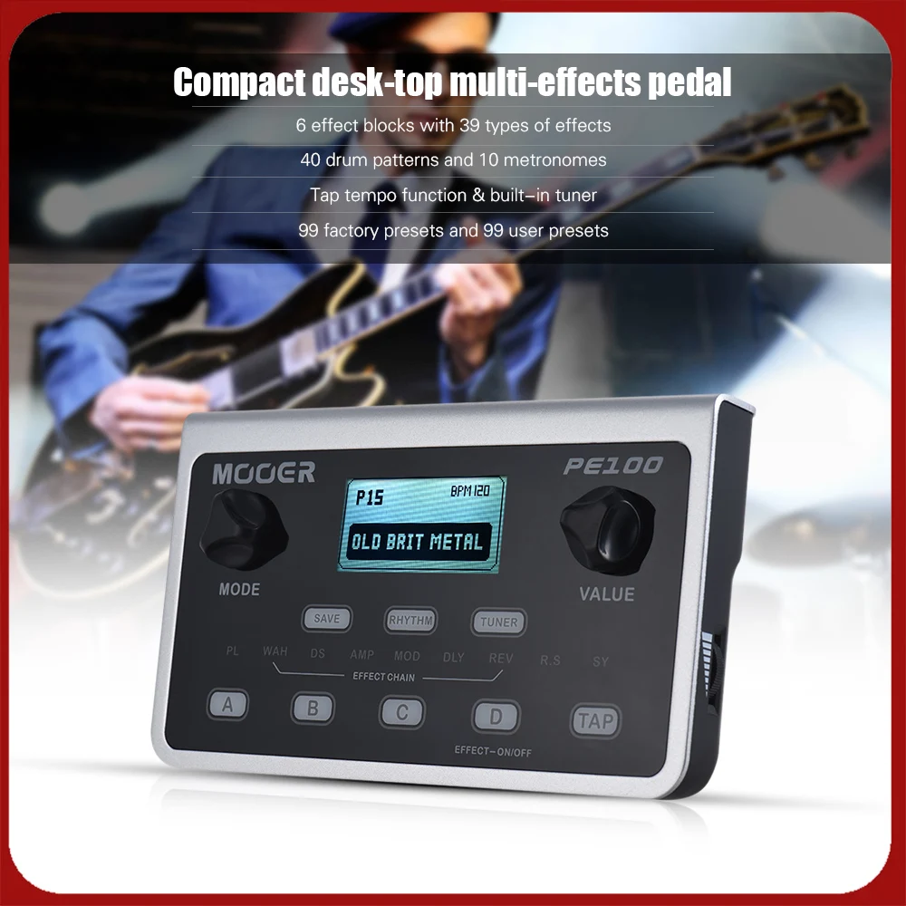 Интересный портативный мультиэффектный процессор MOOER PE100, гитарная педаль эффектов, 39 эффектов, 40 моделей барабанов, 10 метронов, Tap Tempo
Интересный портативный мультиэффектный процессор MOOER PE100, гитарная педаль эффектов, 39 эффектов, 40 моделей барабанов, 10 метронов, Tap Tempo