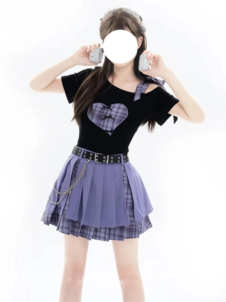 Top High Waist Belt Split JK Plaid Mini Skirt Two-Piece Set Japanese Style Hot Girl Love Embroidered Short Sleeve T-shirt 2025
Top High Waist Belt Split JK Plaid Mini Skirt Two-Piece Set Japanese Style Hot Girl Love Embroidered Short Sleeve T-shirt 2025