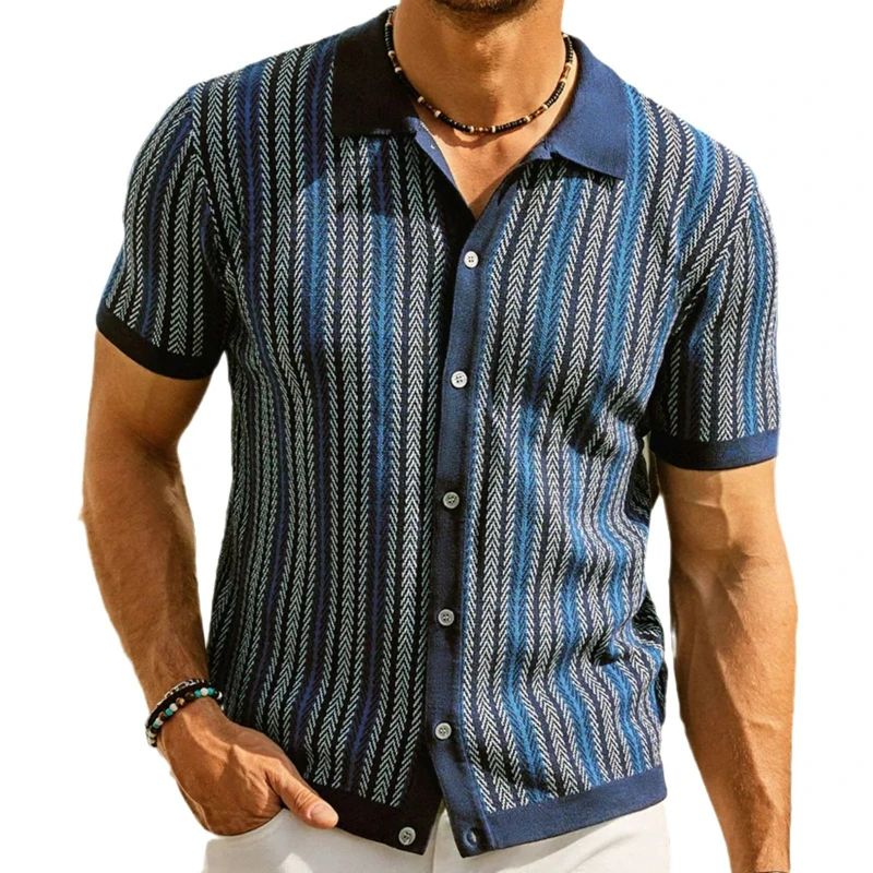 European and American Men's High-end Short-sleeved Knitted Sweater Summer New Striped Jacquard Business Polo Shirt Temperament
European and American Men's High-end Short-sleeved Knitted Sweater Summer New Striped Jacquard Business Polo Shirt Temperament