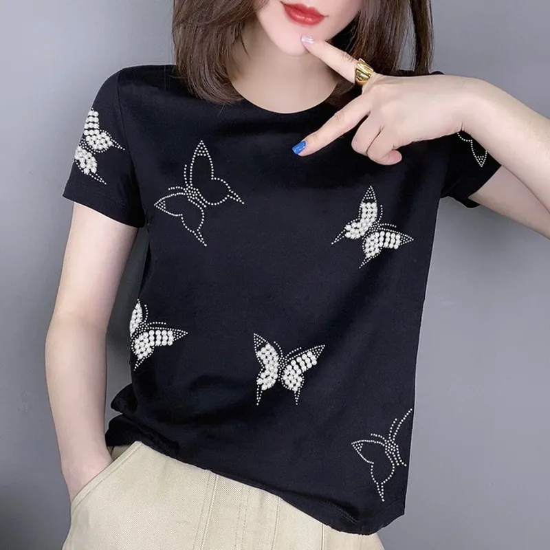 Beaded Black Butterfly Women T-Shirts Summer New Design 2024 O-Neck Short-Sleeved Slim Female Pulls Outwear Tops Tees
Beaded Black Butterfly Women T-Shirts Summer New Design 2024 O-Neck Short-Sleeved Slim Female Pulls Outwear Tops Tees