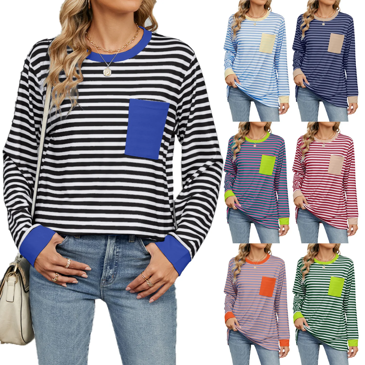 2025 Fall Winter Women's Color Block Striped T-Shirt Oversized Pocket Long Sleeve Casual Top Casual Workwear Pullover Tops Femme
2025 Fall Winter Women's Color Block Striped T-Shirt Oversized Pocket Long Sleeve Casual Top Casual Workwear Pullover Tops Femme