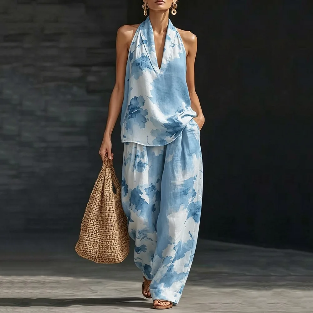 Women's Blue and White Print 2-Piece Set Loose Summer Set Halter Neck Top with Wide Leg Pants Casual Stylish Vacation Outfit
Women's Blue and White Print 2-Piece Set Loose Summer Set Halter Neck Top with Wide Leg Pants Casual Stylish Vacation Outfit