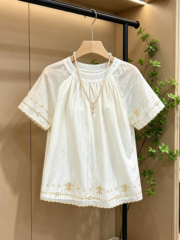 plus Size Women's Embroidered Shirt Heavy Work Doll Style Top Belly Covering Slimming Korean Style round Neck Short Sleeve
plus Size Women's Embroidered Shirt Heavy Work Doll Style Top Belly Covering Slimming Korean Style round Neck Short Sleeve