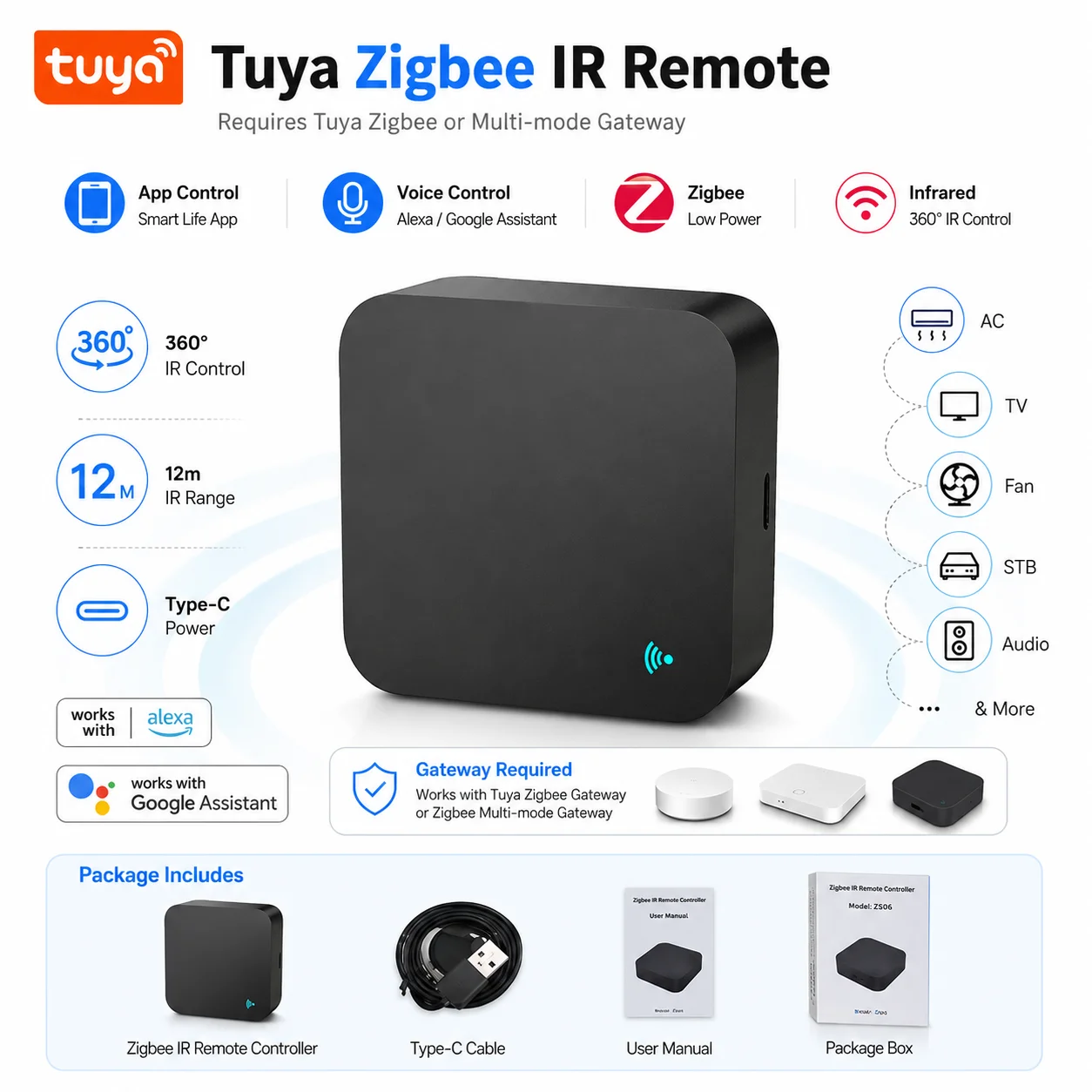 Tuya Zigbee IR Remote Control 360° Universal Infrared Controller for AC TV Fan, Smart Life App Alexa Google, Hub Required
Tuya Zigbee IR Remote Control 360° Universal Infrared Controller for AC TV Fan, Smart Life App Alexa Google, Hub Required