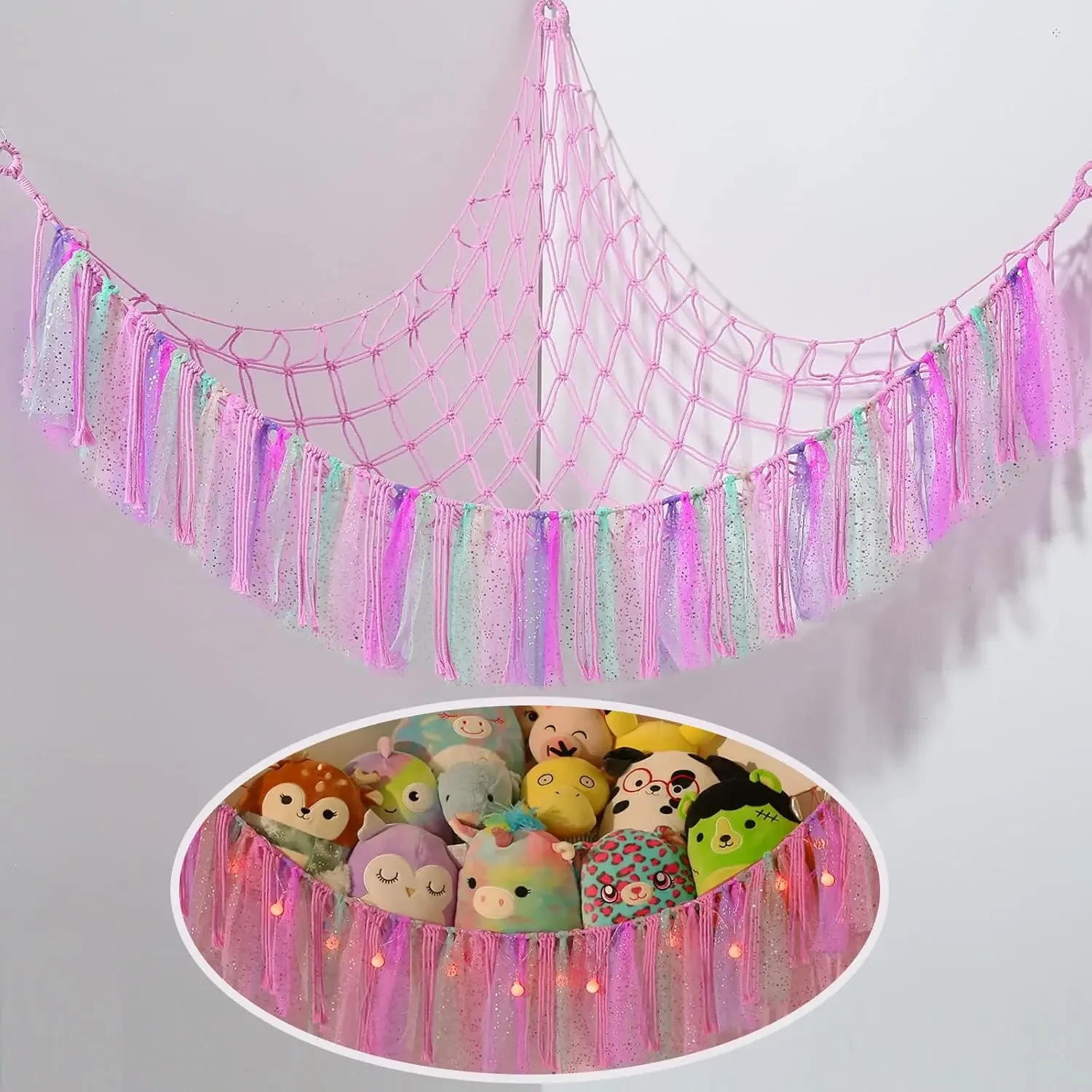 Boho Macrame Stuffed Animal Hammock with LED Lights, Corner Toy Storage for Kids Room, 55x42x42 inches, Shiny Pink
Boho Macrame Stuffed Animal Hammock with LED Lights, Corner Toy Storage for Kids Room, 55x42x42 inches, Shiny Pink