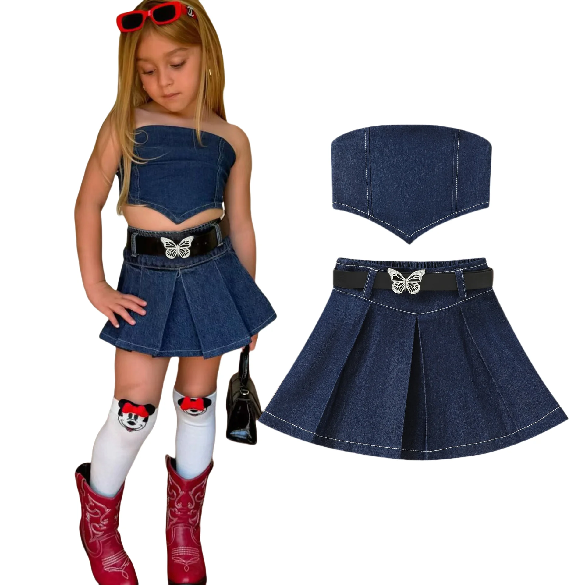 Summer Toddler Girls 2pcs Denim Outfits For Outdoor Sleeveless Halter Neck Heart Tops + Pleated Skirt Set Kid Clothes For 2-7 Y
Summer Toddler Girls 2pcs Denim Outfits For Outdoor Sleeveless Halter Neck Heart Tops + Pleated Skirt Set Kid Clothes For 2-7 Y