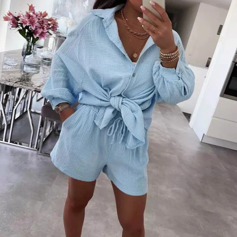 Office Ladies Single Breasted Loose Suit Elegant Lace Up Solid Color Sets 2024 Casual Lapel Long Sleeved Shirt + Shorts Outfits
Office Ladies Single Breasted Loose Suit Elegant Lace Up Solid Color Sets 2024 Casual Lapel Long Sleeved Shirt + Shorts Outfits