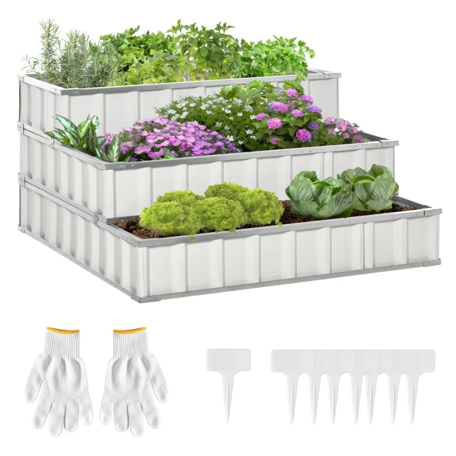 47x47x25 3 Tier Metal Elevated Planter Box Kit Raised Garden Bed with Gloves for Backyard White for Vegetables Herbs
47x47x25 3 Tier Metal Elevated Planter Box Kit Raised Garden Bed with Gloves for Backyard White for Vegetables Herbs