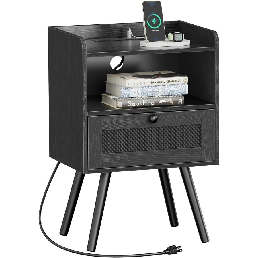 Nightstand with Charging Station Bedside Table with Texilene Surface Drawers Rattan Side Table with Storage and Solid Wood Feet
Nightstand with Charging Station Bedside Table with Texilene Surface Drawers Rattan Side Table with Storage and Solid Wood Feet