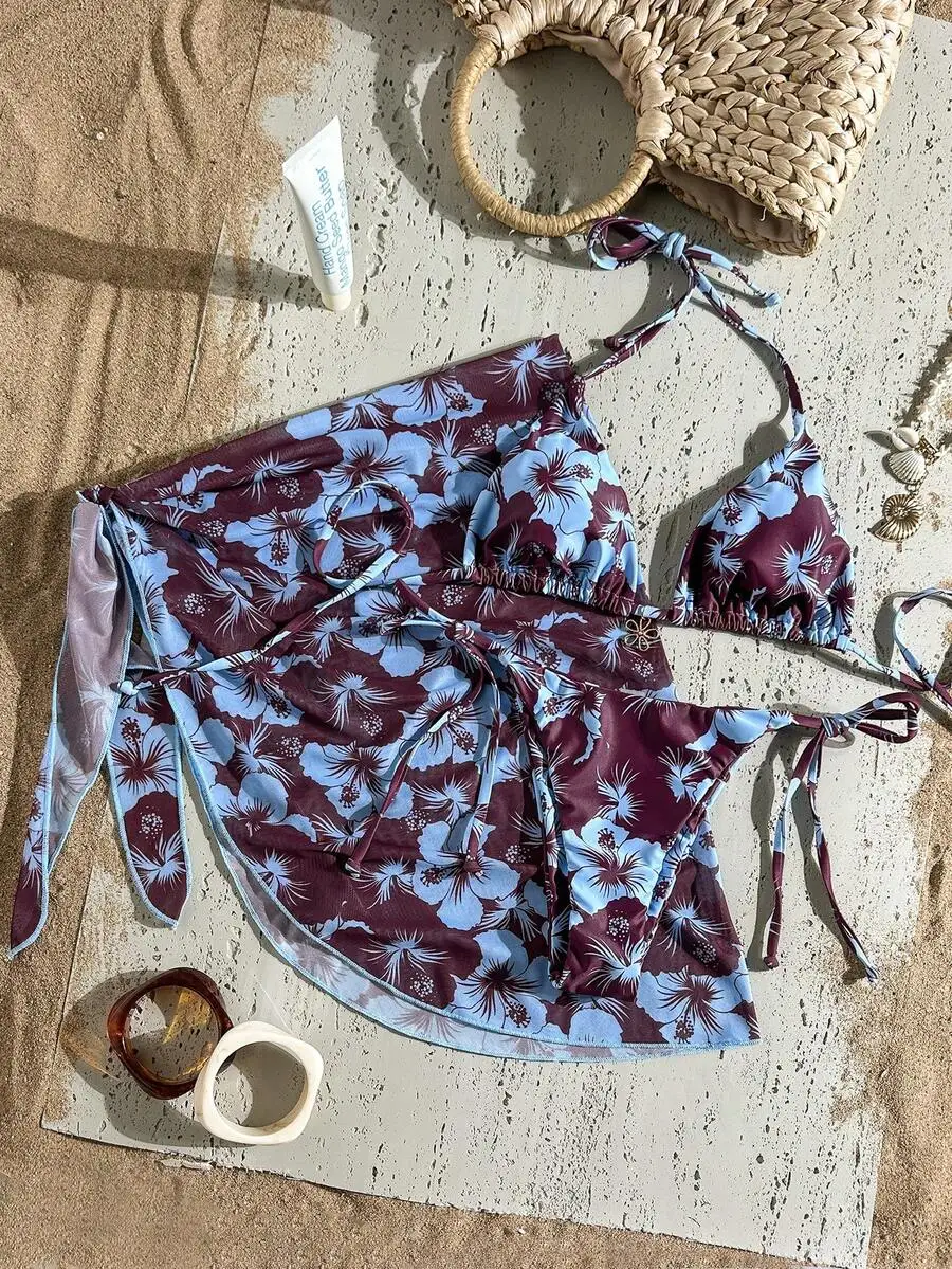 Womens Floral Print 3-Piece Beach Bikini Set With Wrap Skirt And Spaghetti Strap Top
Womens Floral Print 3-Piece Beach Bikini Set With Wrap Skirt And Spaghetti Strap Top