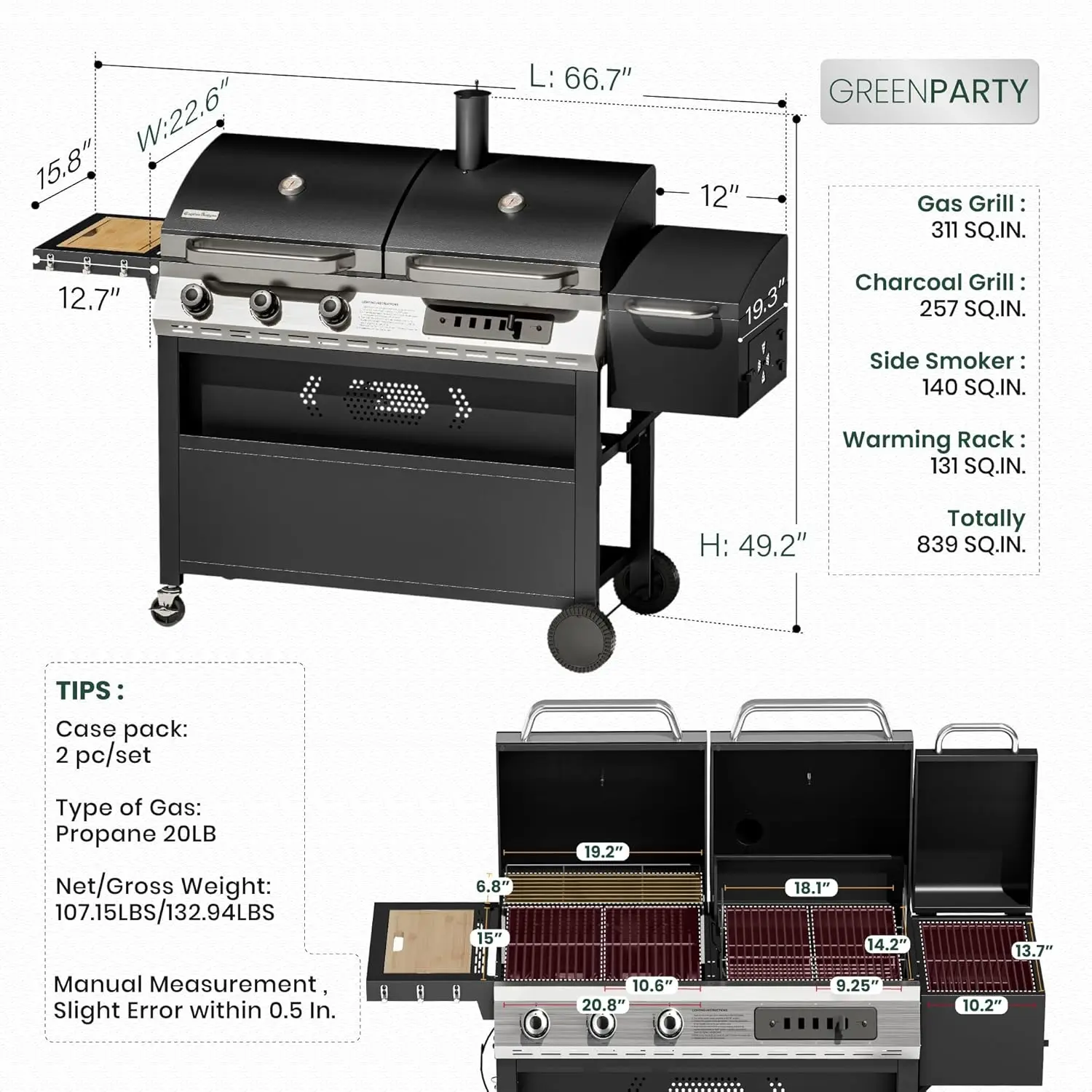 3-Burner Gas Charcoal Combo Grill, Offset Smoker, 30000 BTU, 839 Sq.in Outdoor BBQ, Custom
3-Burner Gas Charcoal Combo Grill, Offset Smoker, 30000 BTU, 839 Sq.in Outdoor BBQ, Custom