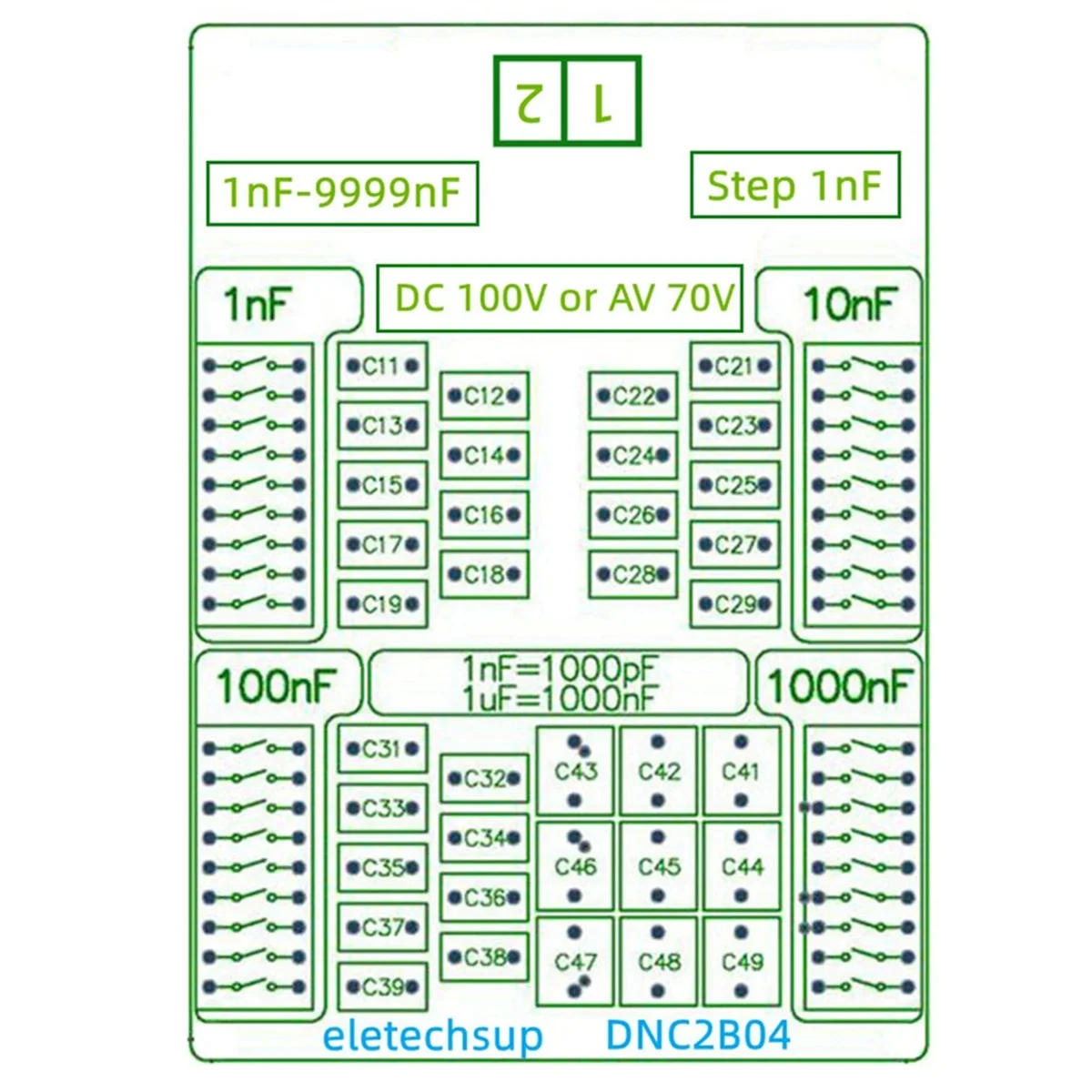 Dnc2B04 1Nf to 9999Nf Step-1Nf Four Decades Programmable Capacitor Board Polypropylene Film Capacitor C35 Din,with CaseHUG
Dnc2B04 1Nf to 9999Nf Step-1Nf Four Decades Programmable Capacitor Board Polypropylene Film Capacitor C35 Din,with CaseHUG