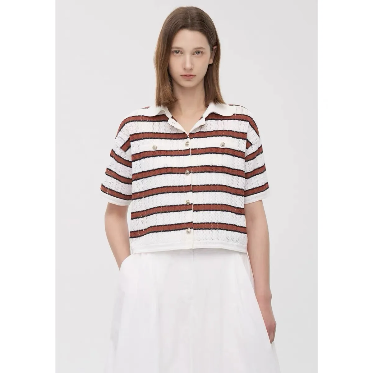 TIM26 Summer Lemon Cheese Loose Fit Short Sleeve Knitted Top Collar Hollow out Stripe Pattern Versatile Casual Wear
TIM26 Summer Lemon Cheese Loose Fit Short Sleeve Knitted Top Collar Hollow out Stripe Pattern Versatile Casual Wear