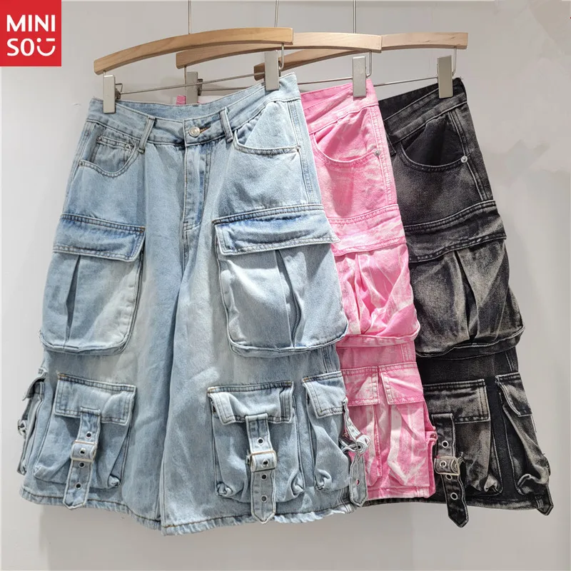 Miniso Multi-Pocket Washed Denim Shorts, American Wide Leg Cargo Capri Pants Women 
Miniso Multi-Pocket Washed Denim Shorts, American Wide Leg Cargo Capri Pants Women