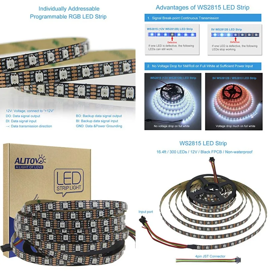 16.4FT WS2815 LED Strip Individually Addressable 300 Pixels Strip Light Dual Signal RGB 12V Flexible Programmable LED Strips IP
16.4FT WS2815 LED Strip Individually Addressable 300 Pixels Strip Light Dual Signal RGB 12V Flexible Programmable LED Strips IP