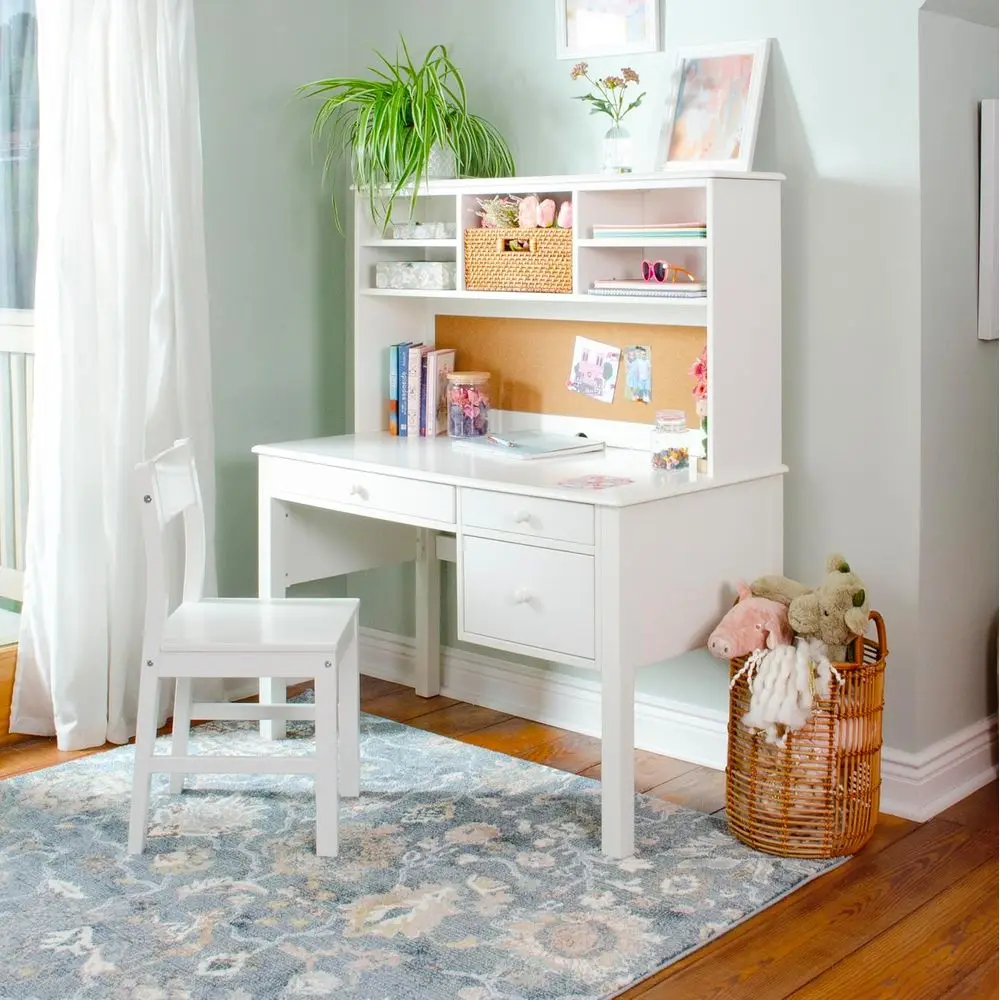 Children's Desk and Chair Set with Hutch: White Wooden Workstation, Storage, Desks, and Corkboard
Children's Desk and Chair Set with Hutch: White Wooden Workstation, Storage, Desks, and Corkboard