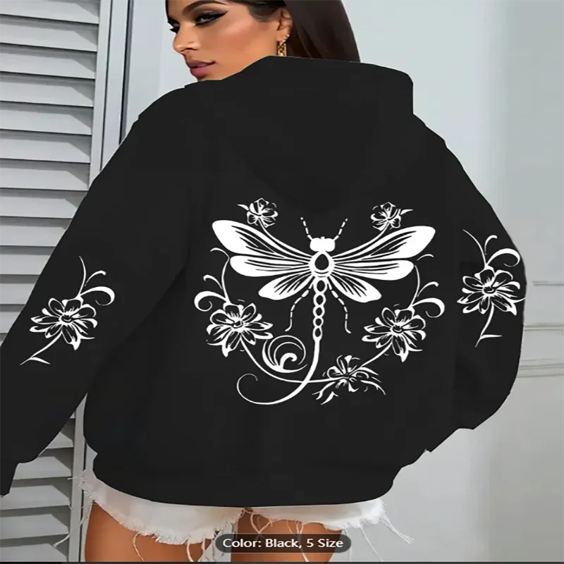 Стильная куртка на молнии с капюшоном и карманами с принтом стрекозы — уютное осенне-зимнее повседневное пальто черного цвета с белым декором
Стильная куртка на молнии с капюшоном и карманами с принтом стрекозы — уютное осенне-зимнее повседневное пальто черного цвета с белым декором