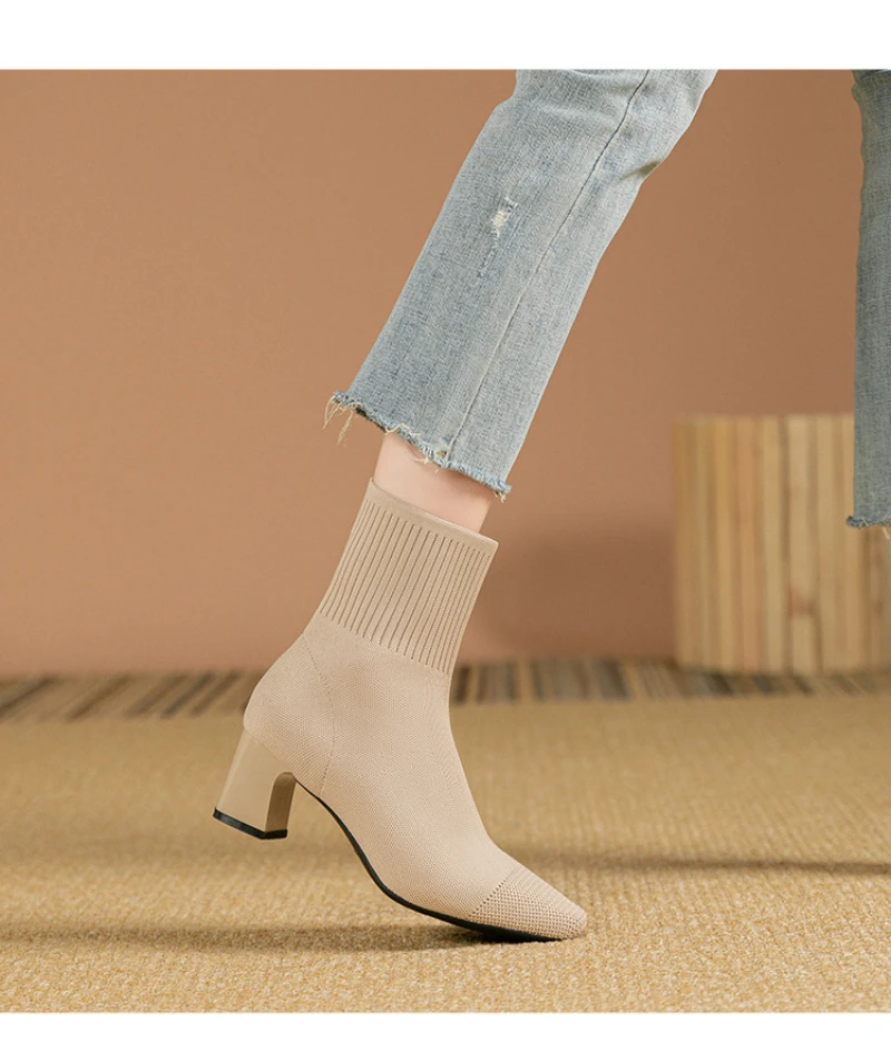 Black Square Toe Knit Sock Boots Elastic Slim Thick Block Heel High Heels Short Boots Fashion Autumn Casual Skinny Ankle Boots 15 S97437b47713e4d0aa1d97813b3f0326bS