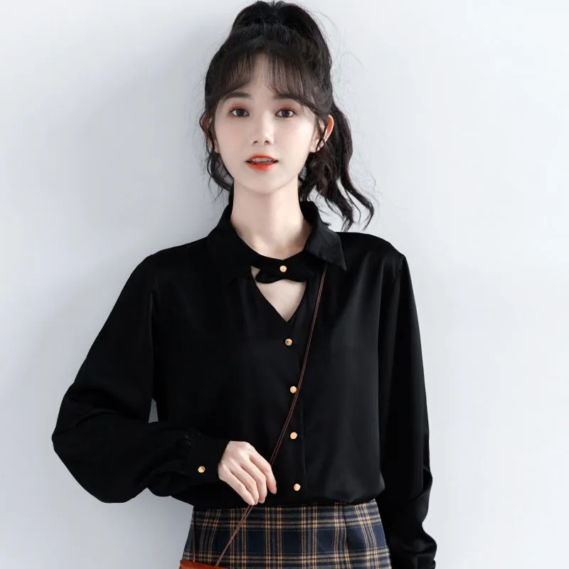 Retro Hong Kong Style Women's Long Sleeve Black Shirt Autumn Casual Hanging Neck Design Fashionable Top Collar Butt...
Retro Hong Kong Style Women's Long Sleeve Black Shirt Autumn Casual Hanging Neck Design Fashionable Top Collar Butt...