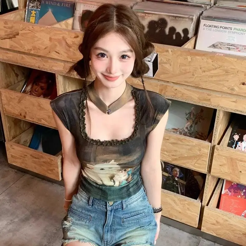 Vintage Harajuku Aesthetics Cat Print Japanese Y2k Cropped Tops Lace Hollow Out T-shirt Summer Streetwear Slim Sexy Tees Goth
Vintage Harajuku Aesthetics Cat Print Japanese Y2k Cropped Tops Lace Hollow Out T-shirt Summer Streetwear Slim Sexy Tees Goth