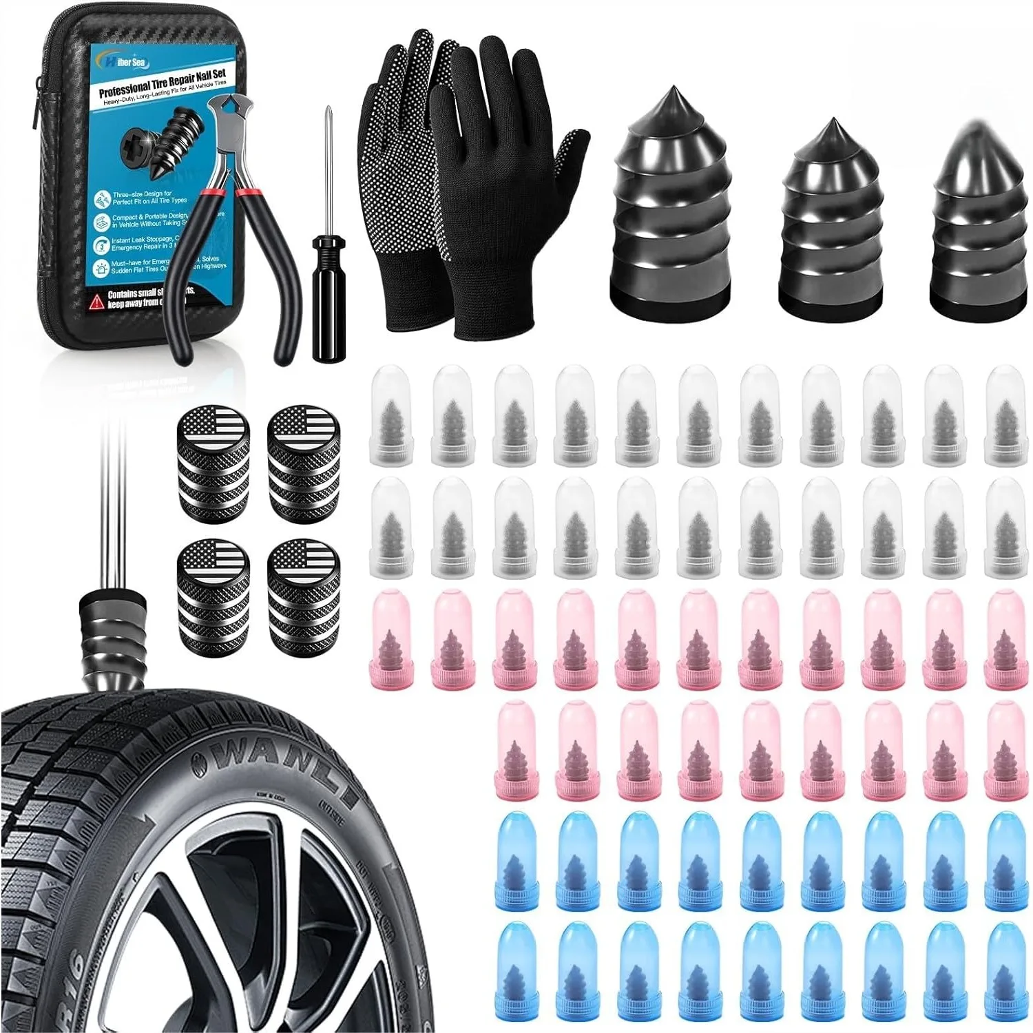 90 PCS Tire Repair Kit with 3 Size Screws, Valve Stems, Pliers & Gloves for Car, Motorcycle, Truck, ATV
90 PCS Tire Repair Kit with 3 Size Screws, Valve Stems, Pliers & Gloves for Car, Motorcycle, Truck, ATV