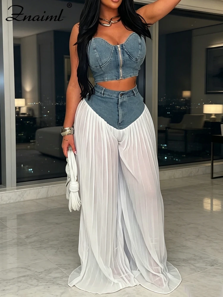 Znaiml Women's 2-Piece Pants Set Sleeveless Denim Crop Top and High Waist Sheer Wide Leg Pants Elegant Summer Outfit Club Party
Znaiml Women's 2-Piece Pants Set Sleeveless Denim Crop Top and High Waist Sheer Wide Leg Pants Elegant Summer Outfit Club Party