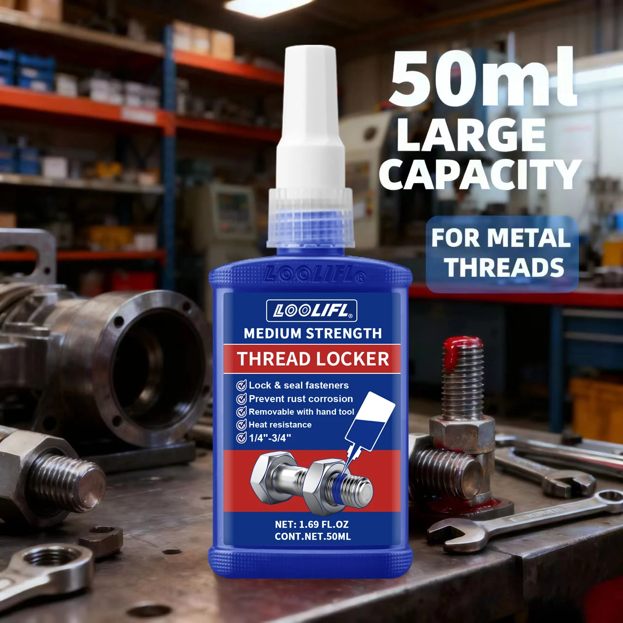 LOOLIFL Blue Removable Thread Locking Agent with Medium Strength for Nuts Bolts and Fasteners to Prevent Loosening and Corrosion
LOOLIFL Blue Removable Thread Locking Agent with Medium Strength for Nuts Bolts and Fasteners to Prevent Loosening and Corrosion