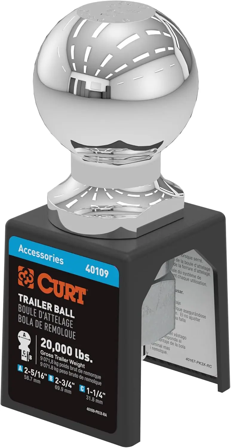 40109 Chrome Trailer Hitch Ball, 20,000 lbs, 2-5/16-Inch Diameter, 1-1/4 x 2-3/4-Inch Shank
40109 Chrome Trailer Hitch Ball, 20,000 lbs, 2-5/16-Inch Diameter, 1-1/4 x 2-3/4-Inch Shank