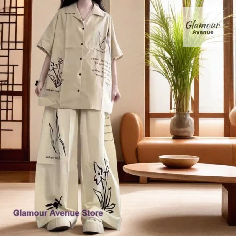 New Chinese national style retro printed short-sleeved shirt women's summer fashion loose casual wide-leg pants two-piece suit
New Chinese national style retro printed short-sleeved shirt women's summer fashion loose casual wide-leg pants two-piece suit