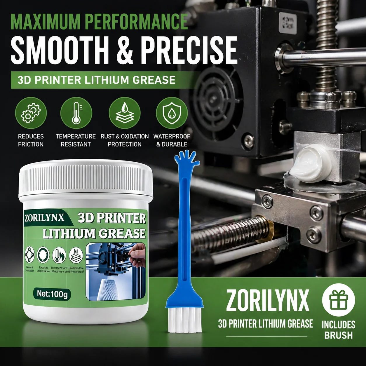 100g 3D Printer Lithium Grease ZORILYNX Professional Lubricant with Application Brush for Linear Rails Lead Screws and Gears
100g 3D Printer Lithium Grease ZORILYNX Professional Lubricant with Application Brush for Linear Rails Lead Screws and Gears