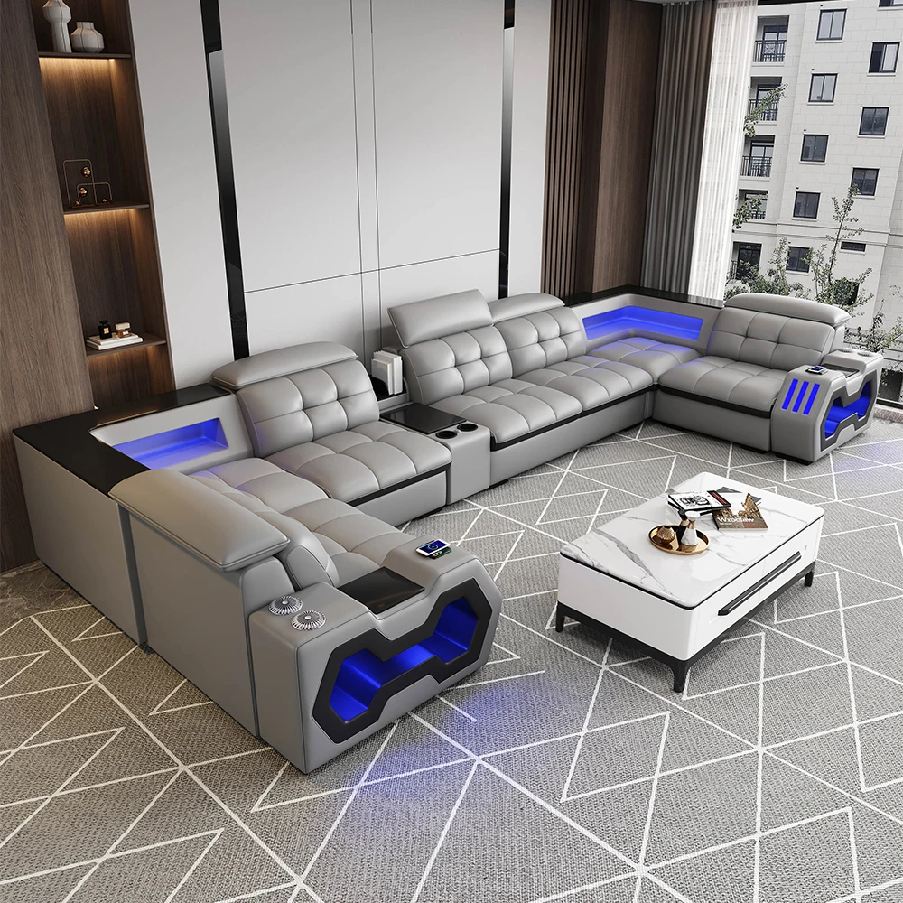 Italian Genuine Leather Home Theater Couch with USB, Speaker, Modern L-Shape LED Sectional Sofa with Electric Recliner & Massage
Italian Genuine Leather Home Theater Couch with USB, Speaker, Modern L-Shape LED Sectional Sofa with Electric Recliner & Massage
