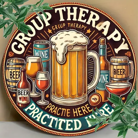 Vintage-Style Metal Aluminum Wall Art Sign - "Group Therapy Practiced Here" for Bedroom, Kitchen, Restaurant, Bar Decor - Unique