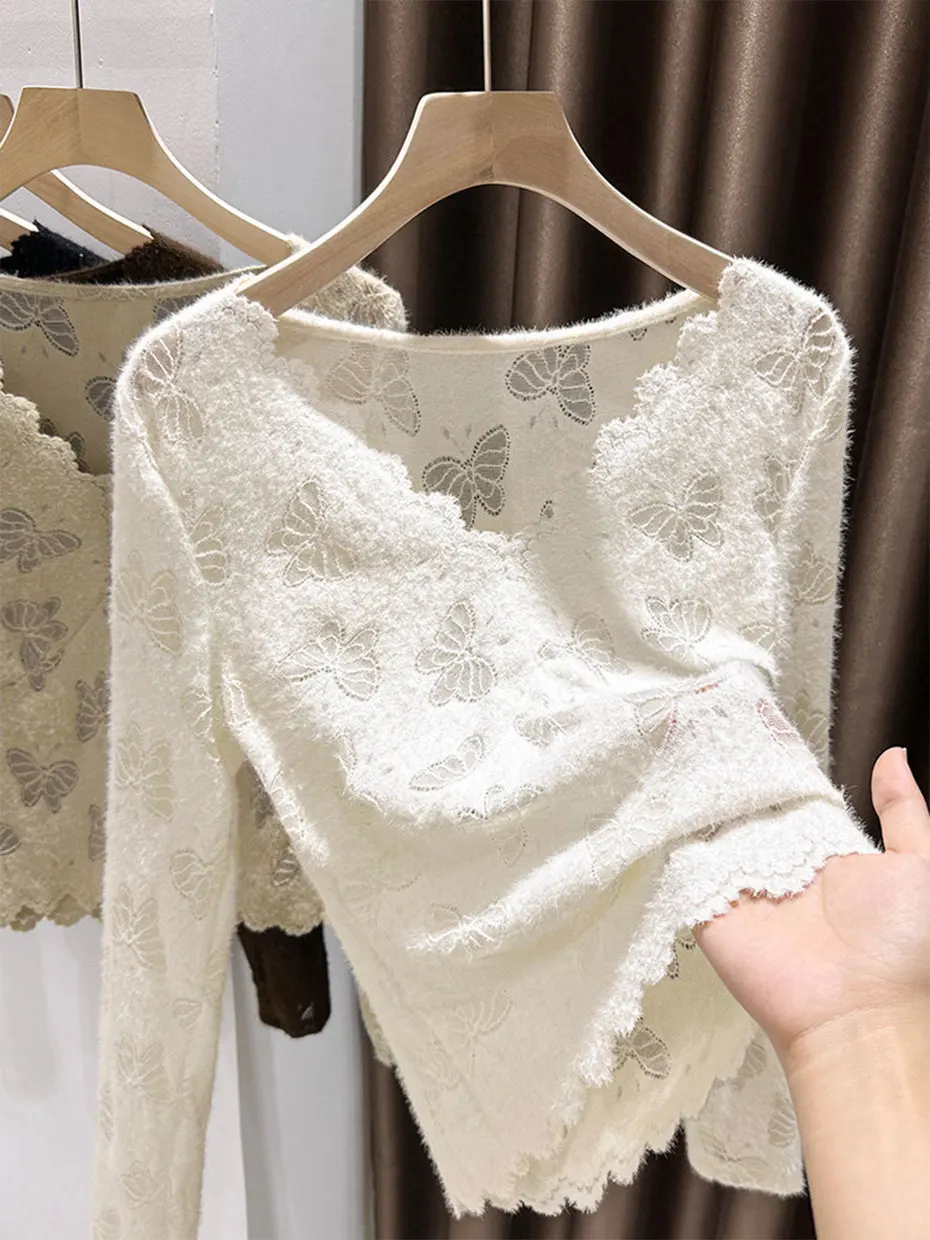 Пушистая кружевная рубашка с начесом, женская осенне-зимняя кофта с V-образным вырезом, очень милый топ с цветочным узором, сексуальный облегающий лонгслив
Пушистая кружевная рубашка с начесом, женская осенне-зимняя кофта с V-образным вырезом, очень милый топ с цветочным узором, сексуальный облегающий лонгслив