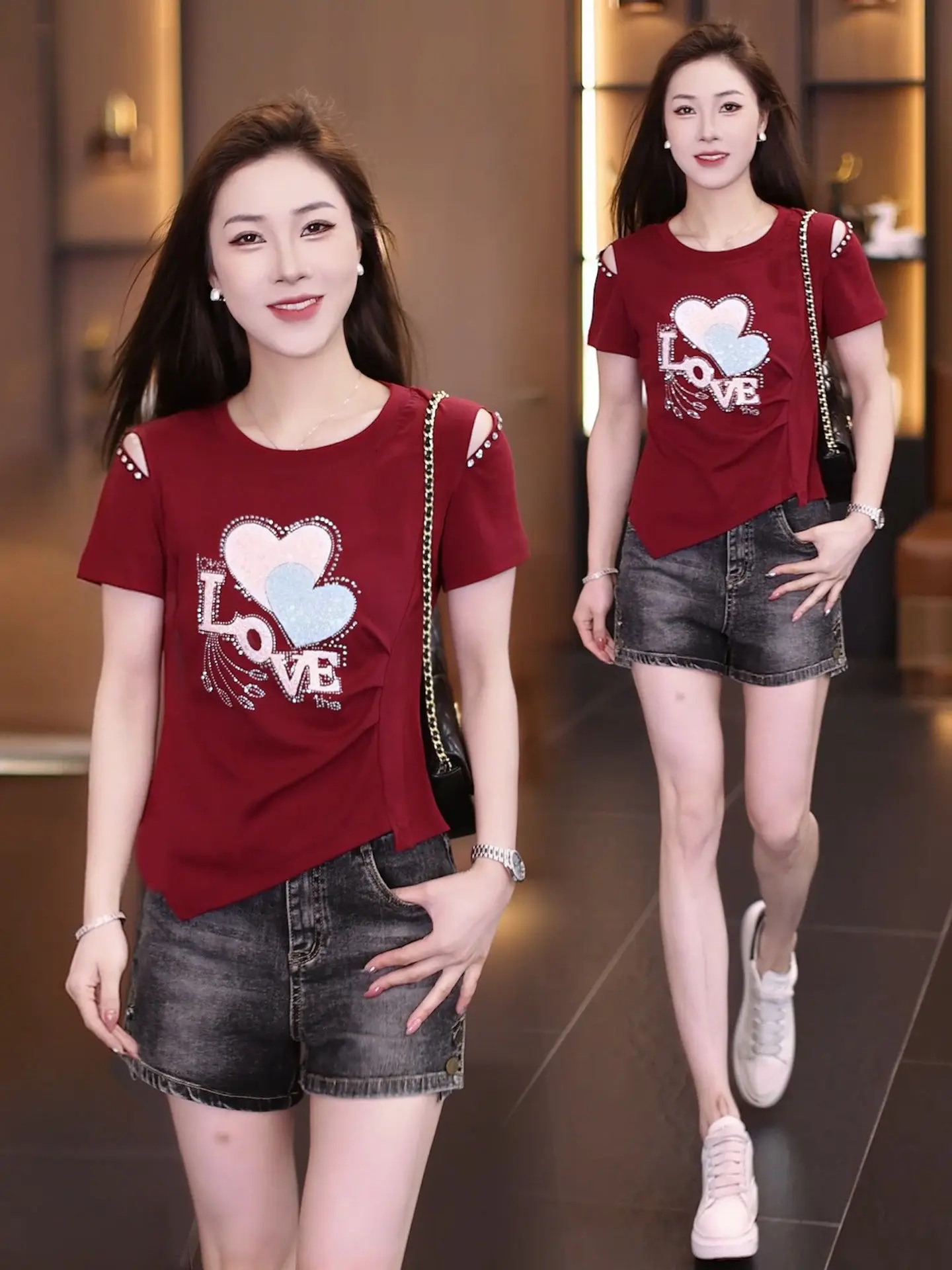Fashionable Heart Shaped Rhinestone Shoulder Bared Short Sleeve T Shirt Women's Slim Fit Casual Style Summer New Arrival
Fashionable Heart Shaped Rhinestone Shoulder Bared Short Sleeve T Shirt Women's Slim Fit Casual Style Summer New Arrival