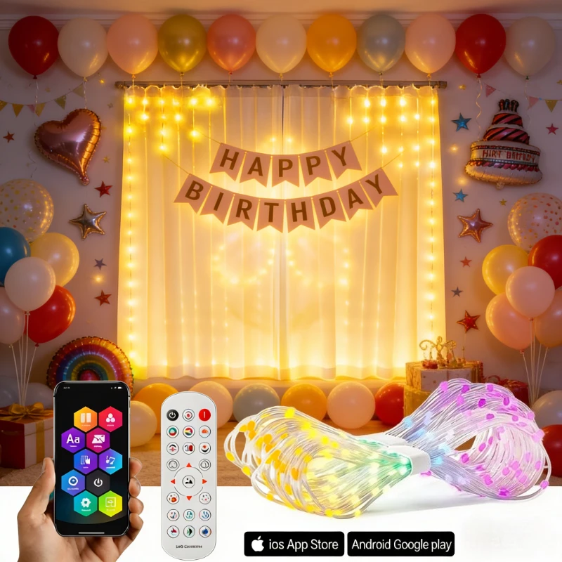 RGB Curtain String Lights Bluetooth App Control Music Sync DIY Dynamic Display Fairy Lights for Window Bedroom Home Party Decor
RGB Curtain String Lights Bluetooth App Control Music Sync DIY Dynamic Display Fairy Lights for Window Bedroom Home Party Decor