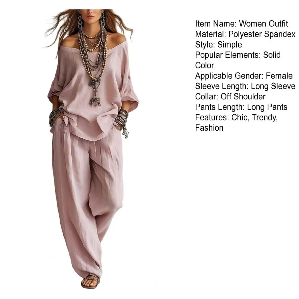 Elegant Skew Collar 3/4 Sleeve Top + Casual Pants Set Woman Sexy Off Shoulder Solid Outfit Spring Autumn Loose Female Clothing
Elegant Skew Collar 3/4 Sleeve Top + Casual Pants Set Woman Sexy Off Shoulder Solid Outfit Spring Autumn Loose Female Clothing