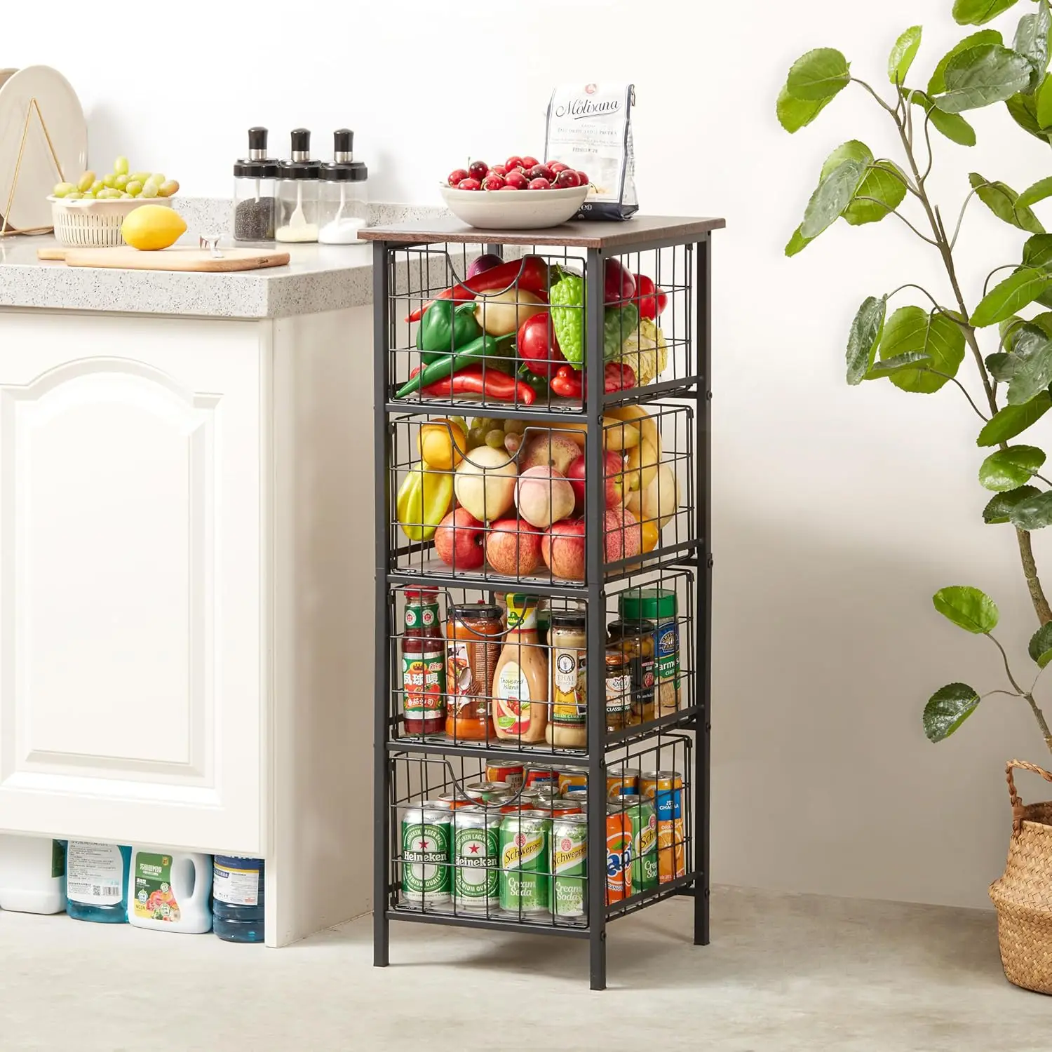 5-Tier Freestanding Storage Shelves with 4 Pull-Out Baskets, Bathroom Organizer Shelves Unit with Woodtop, Fruit Basket for Kitche 
5-Tier Freestanding Storage Shelves with 4 Pull-Out Baskets, Bathroom Organizer Shelves Unit with Woodtop, Fruit Basket for Kitche