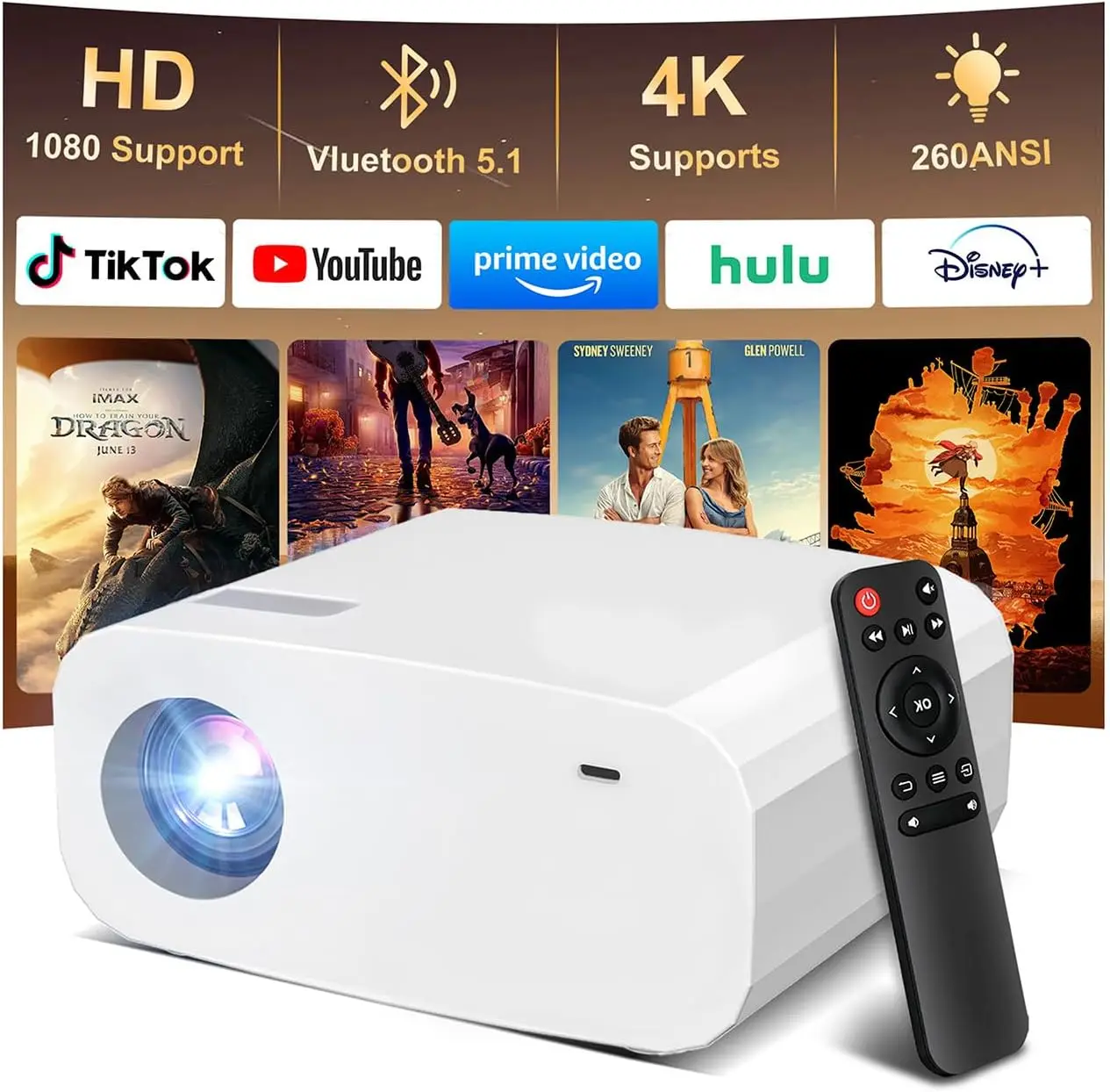 Mini WiFi Bluetooth Projector with Auto Focus, 1080P Support, Portable Outdoor Smart Device