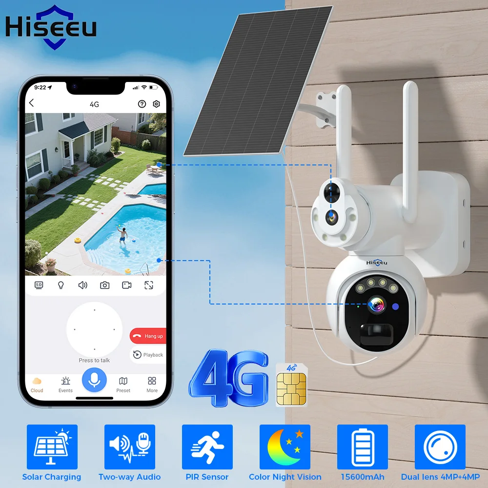 Hiseeu 4G Solar Camera 8MP Dual Lens Waterproof IP Camera Two-way audio PIR Human Detection Night Vision With 15600mAh Battery
Hiseeu 4G Solar Camera 8MP Dual Lens Waterproof IP Camera Two-way audio PIR Human Detection Night Vision With 15600mAh Battery